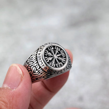 Vintage Solid Stainless Steel Viking Vegvisir Rune Band Ring for Men