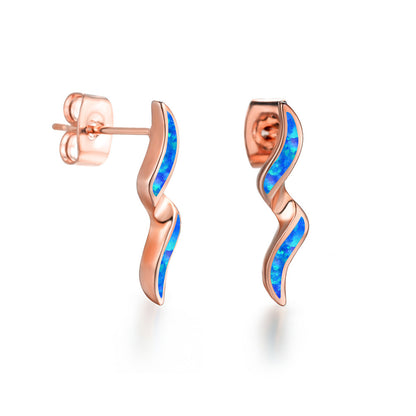 Women's Wavy Curve Inlaid Opal Drop Stud Earrings