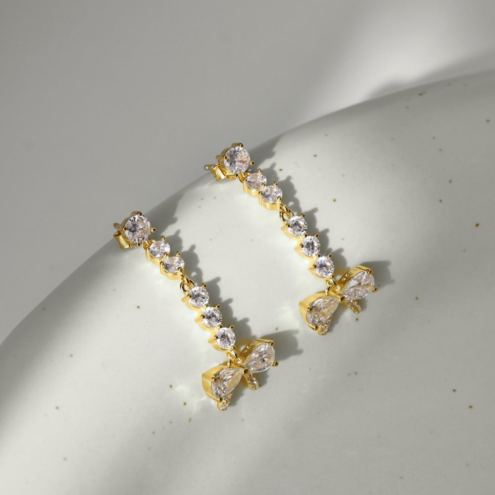 Women's Bow Dangle Earrings, Clear Zirconia Bow with Round Zirconia Chain, S925 with 18K Gold Plating