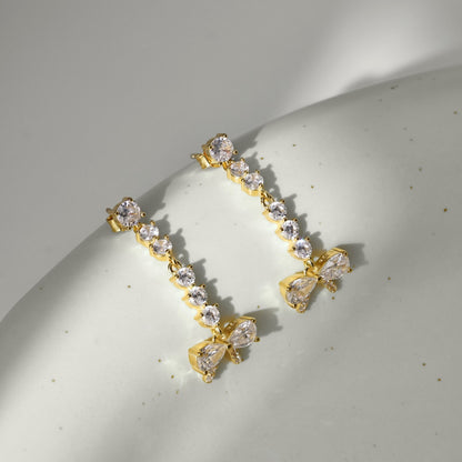 Women's Bow Dangle Earrings, Clear Zirconia Bow with Round Zirconia Chain, S925 with 18K Gold Plating