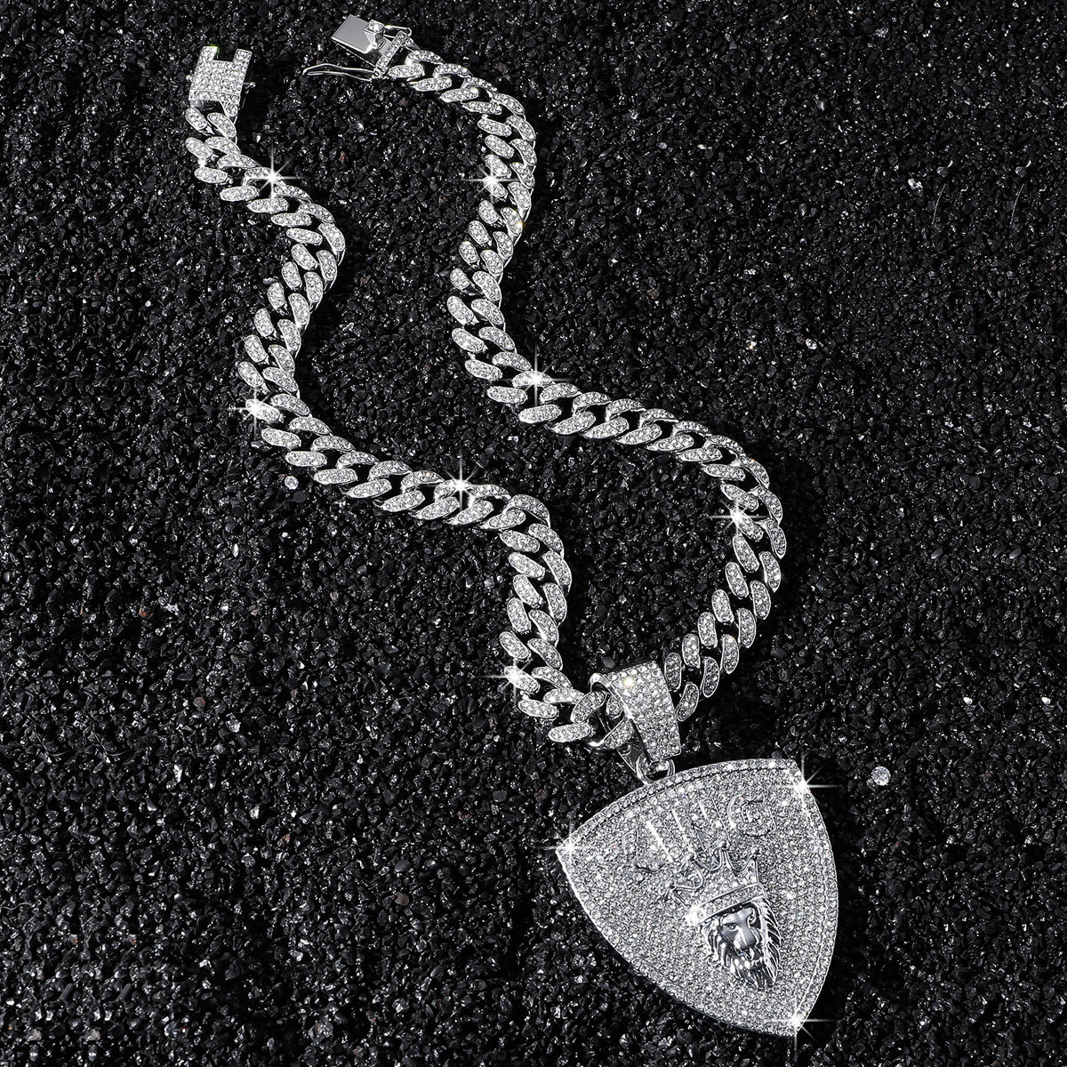 Hip-Hop Lion Head King Shield Cuban Chain Pendant Necklace