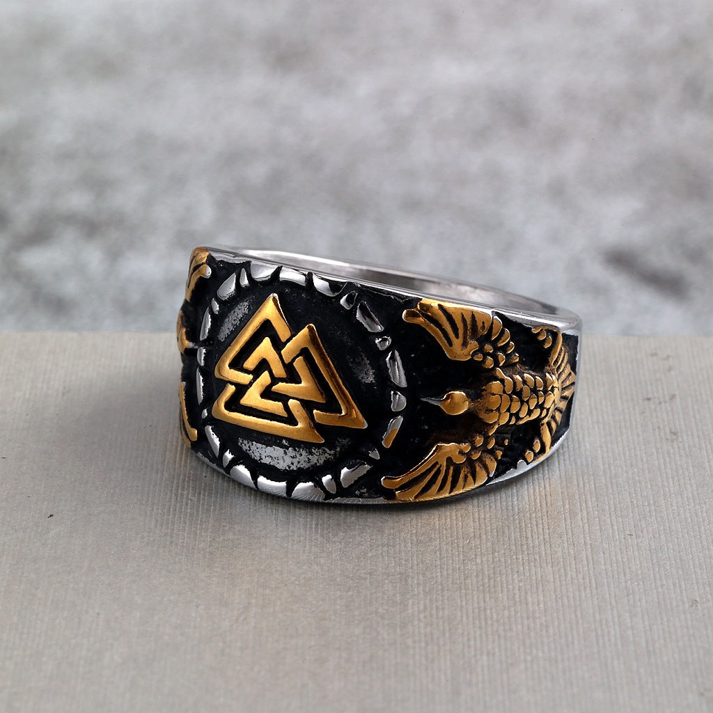 Vintage Solid Stainless Steel Norse Viking Valknut Raven Wide Signet Ring for Men