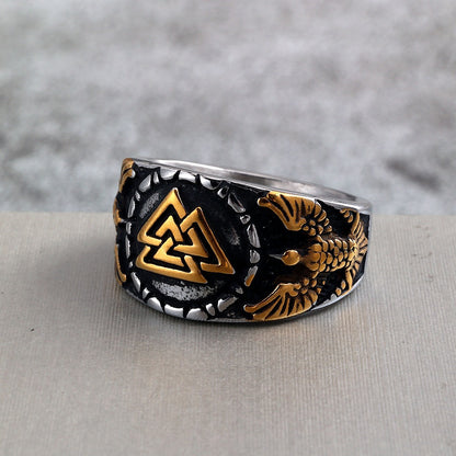 Vintage Solid Stainless Steel Norse Viking Valknut Raven Wide Signet Ring for Men