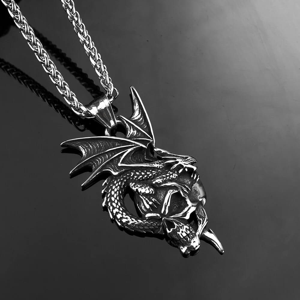 Vintage Stainless Steel Dragon & Skull Pendant Necklace for Men