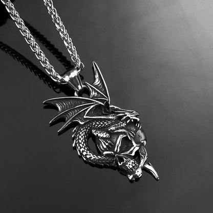 Vintage Stainless Steel Dragon & Skull Pendant Necklace for Men