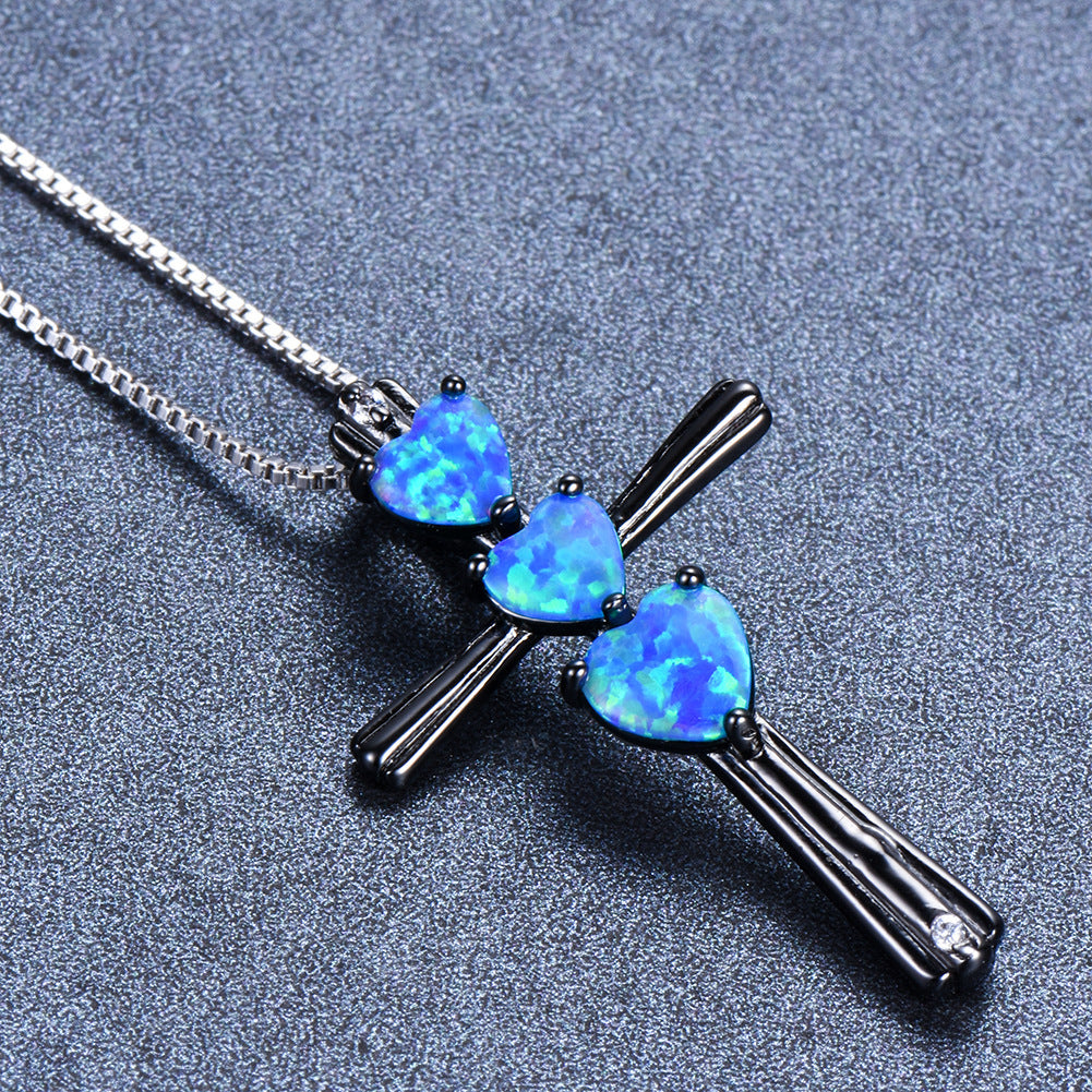Three-love heart Opal Cross necklace