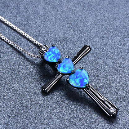 Three-love heart Opal Cross necklace