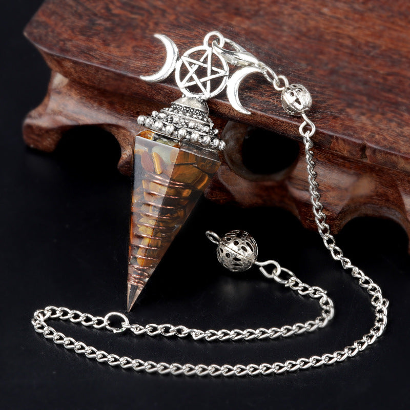 Three-phase moon seven-colored crushed stone resin crystal hexagonal pyramid spirit pendulum
