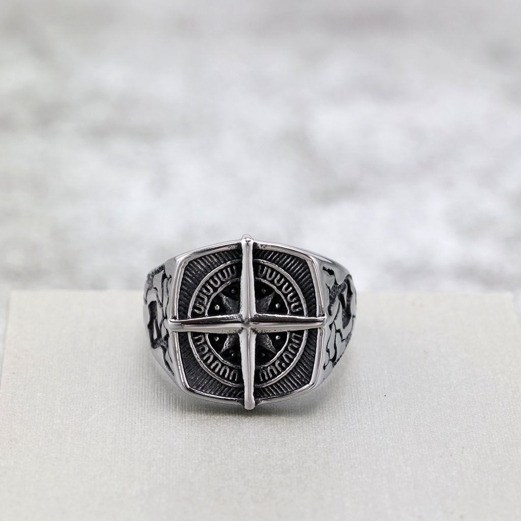 Vintage Stainless Steel Hip Hop Compass Square Signet Ring for Men