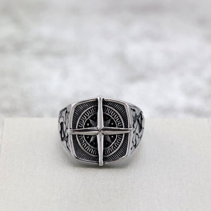 Vintage Stainless Steel Hip Hop Compass Square Signet Ring for Men