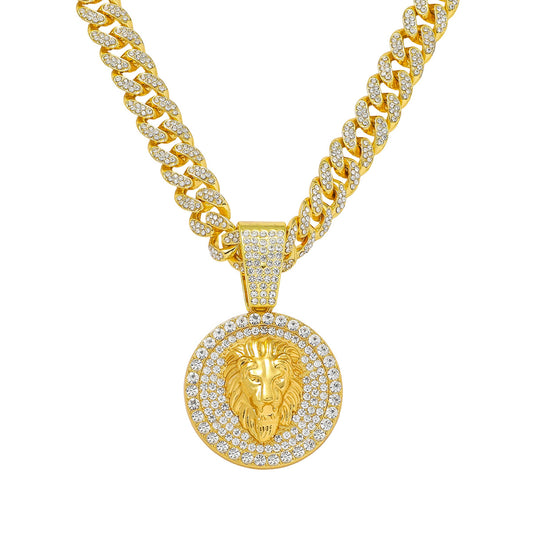Hip-Hop Style Round Lion Head Animal Cuban Chain Pendant Necklace
