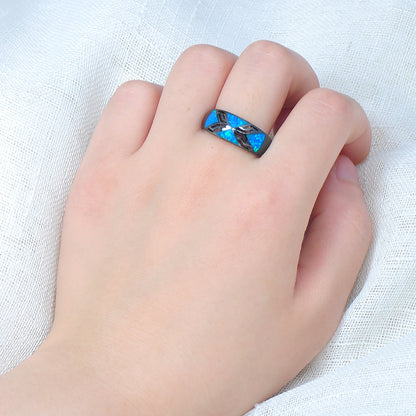 Women's Black Wide Band Geometric Triangle Opal Ring