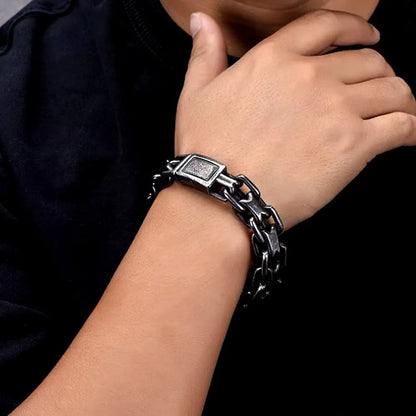 Men's Vintage Thick Double Loop Stainless Steel Open Cuff Bracelet, Punk Hip Hop Retro Fashion Adjustable Bangle Jewelry