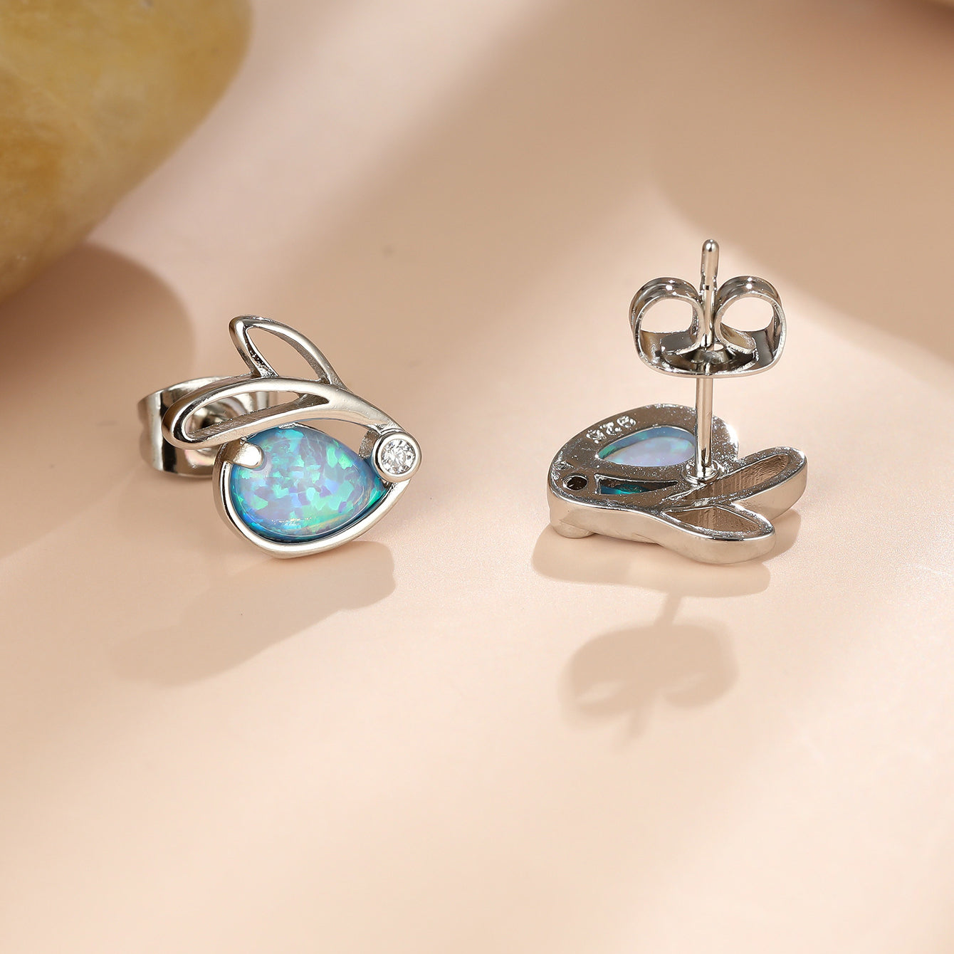 Women's Hollow Rabbit Teardrop Opal Stud Earrings with Round Zirconia Accent, with White Gold Plating