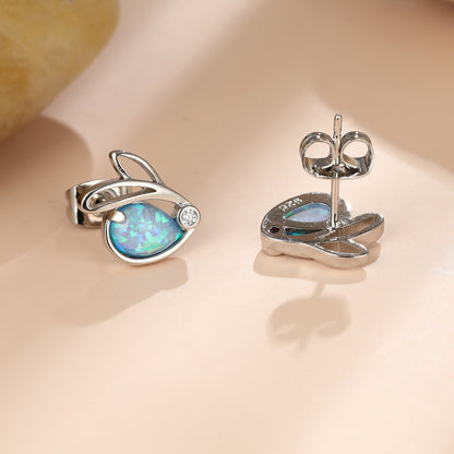 Women's Hollow Rabbit Teardrop Opal Stud Earrings with Round Zirconia Accent, with White Gold Plating