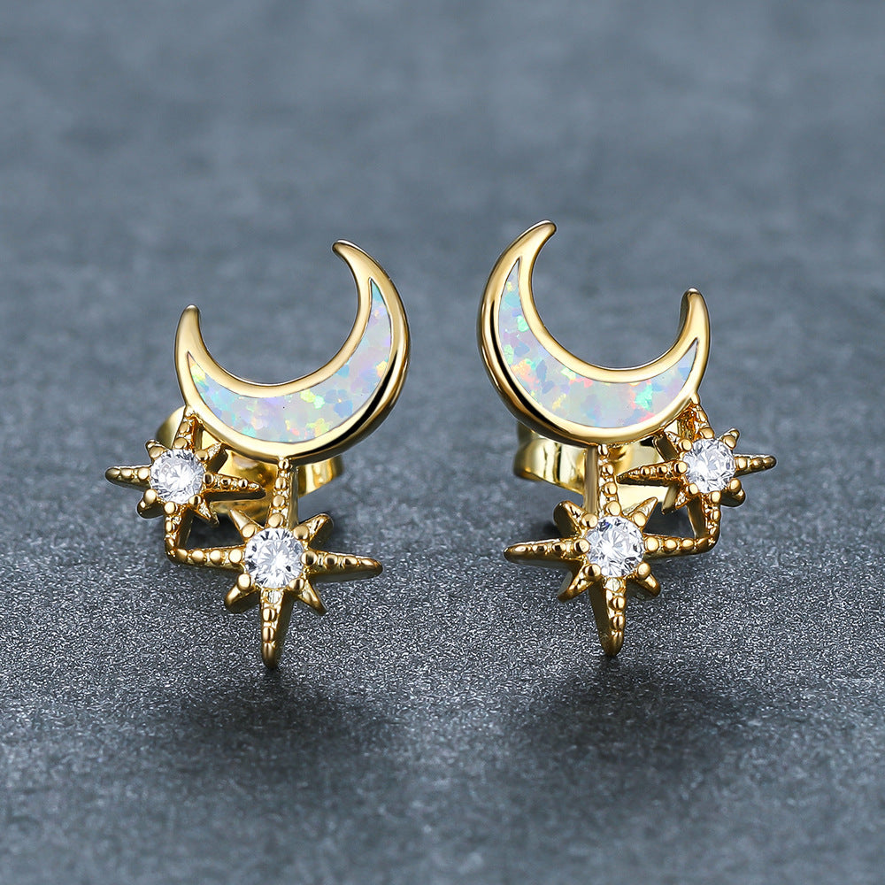 Women's Moon & Star Stud Earrings Inlaid with Blue Opal & White Opal and Round Zirconia