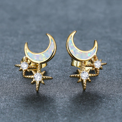 Women's Moon & Star Stud Earrings Inlaid with Blue Opal & White Opal and Round Zirconia