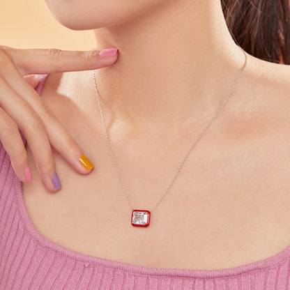 Women's Stylish Unique Pendant Necklace, Rectangle Shape Zirconia Inlay Inside Red Epoxy, S925 with White Gold Plating