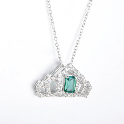 Women's Sterling Silver Necklace with Square Emerald Gem Crown Pendants
