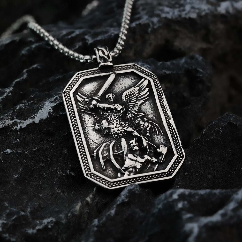 Men's Steel Archangel Michael Square Tag Pendant Necklace