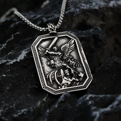 Men's Steel Archangel Michael Square Tag Pendant Necklace