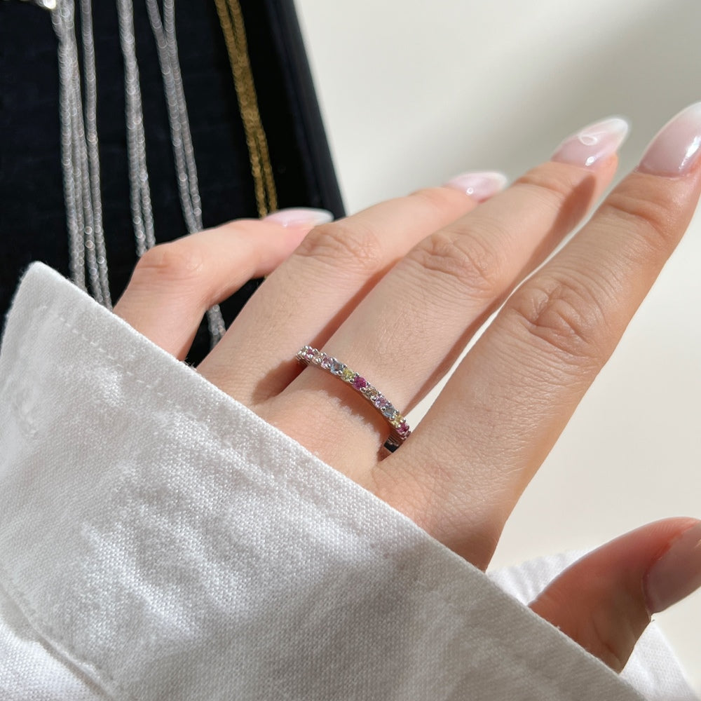 Women's Multicolor Round Zirconia Paved Stackable Narrow Band Ladies Ring, S925 with White Gold Plating