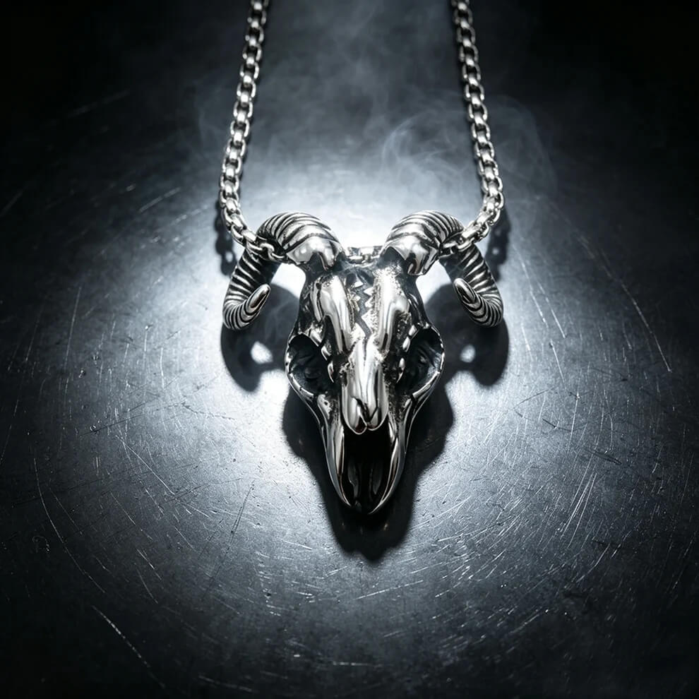 Men's Steel Ram Skull Pendant Necklace