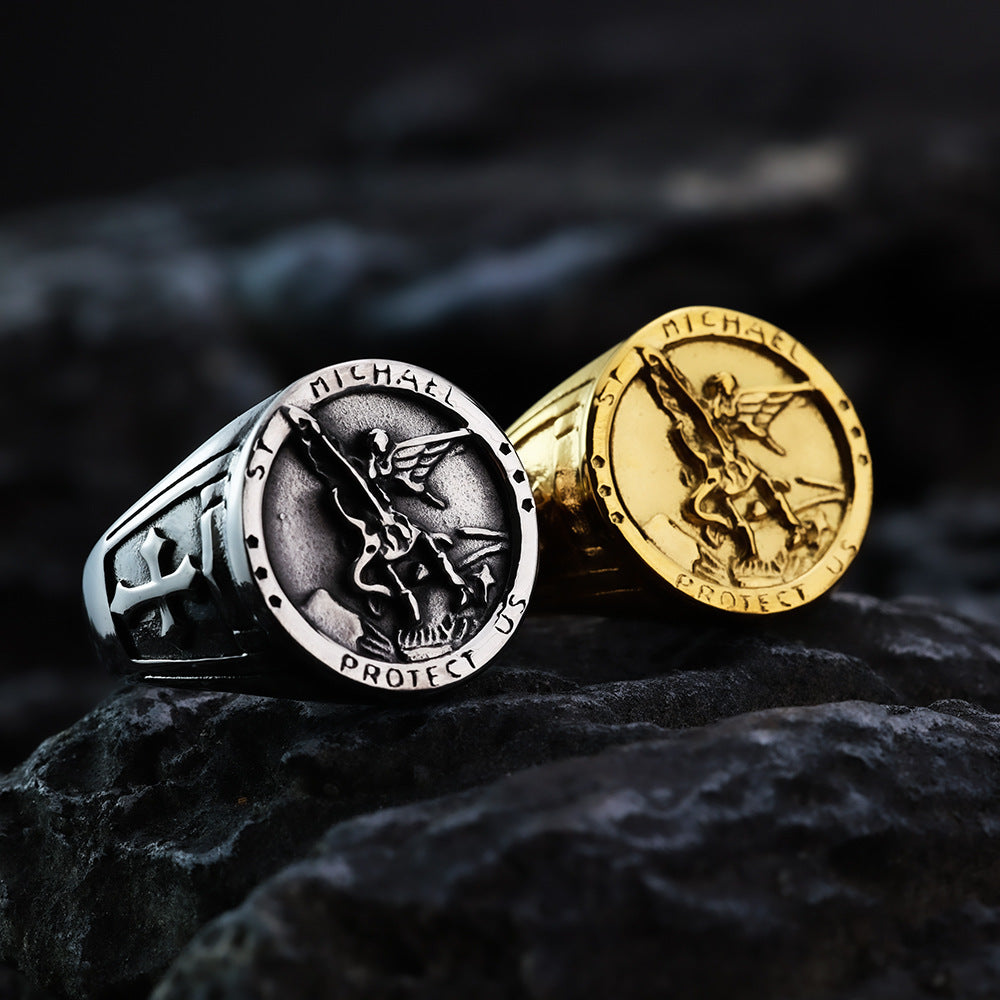 Vintage Solid Stainless Steel Archangel Saint Michael Dragon Slayer Round Signet Ring for Men