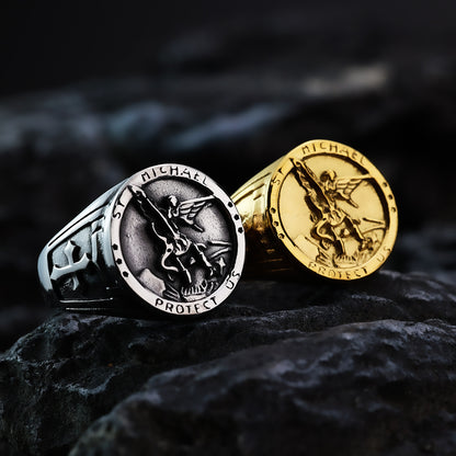 Vintage Solid Stainless Steel Archangel Saint Michael Dragon Slayer Round Signet Ring for Men