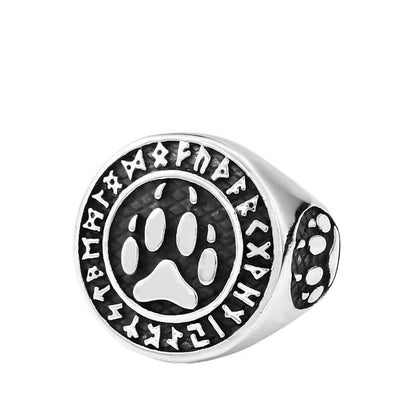 Vintage Stainless Steel Viking Rune Bear Paw Round Signet Ring for Men