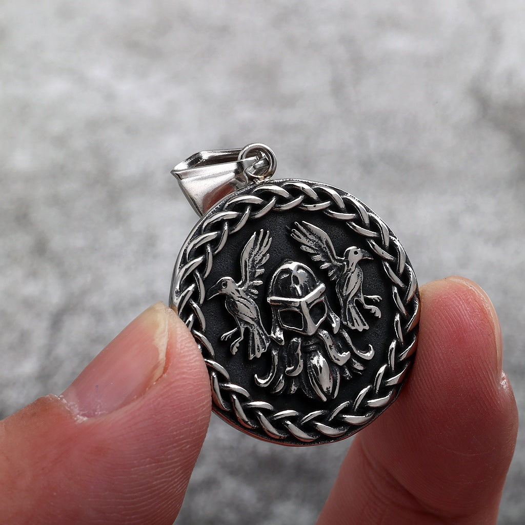 Vintage Nordic Stainless Steel Double Sided Viking Odin Huginn and Muninn Triangle Symbol Pendant Necklace for Men