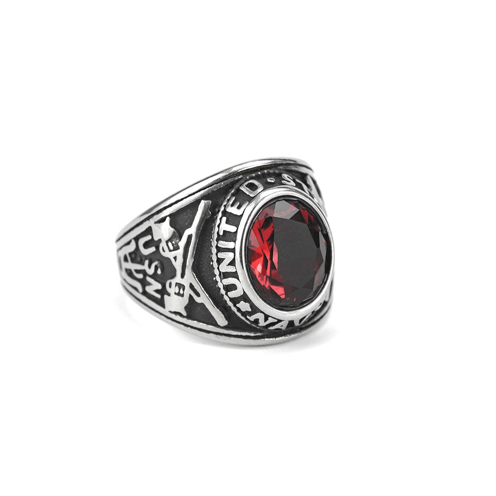 Vintage Solid Stainless Steel Hip Hop Dual Pistol Inlaid Red Cubic Zirconia Band Ring for Men