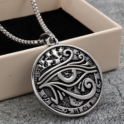 Men's Steel Egyptian Eye of Horus Round Tag Pendant Necklace