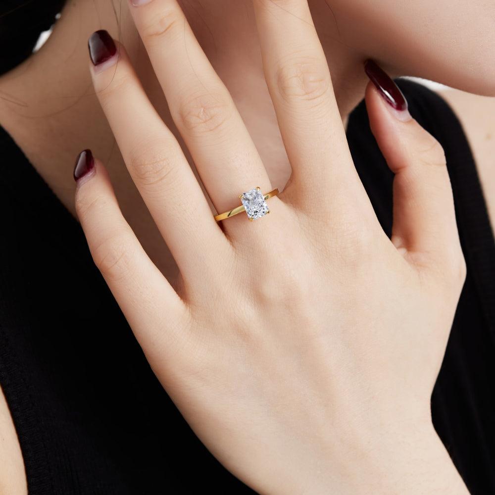 Women's Gold Plated S925 Silver Radiant Cut Ice Flower Cut Rectangular Colorless Cubic Zirconia Solitaire Ring