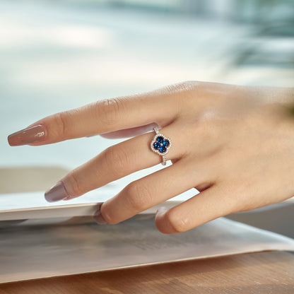 Women's S925 Silver White Gold Tone Ring, Four-Leaf Clover Shape Blue Cubic Zirconia Halo Design Ladies Fashion Ring