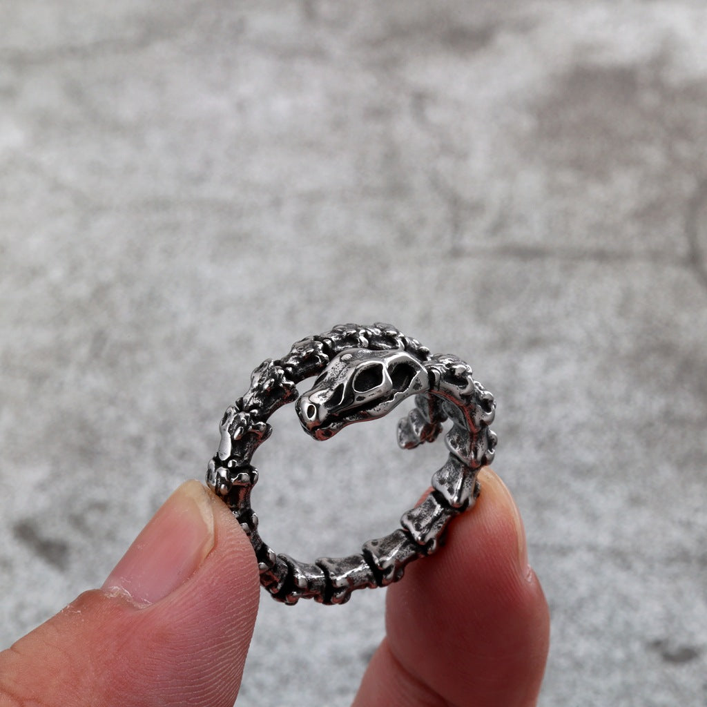 Vintage Stainless Steel Viking Snake Bone Ring for Men