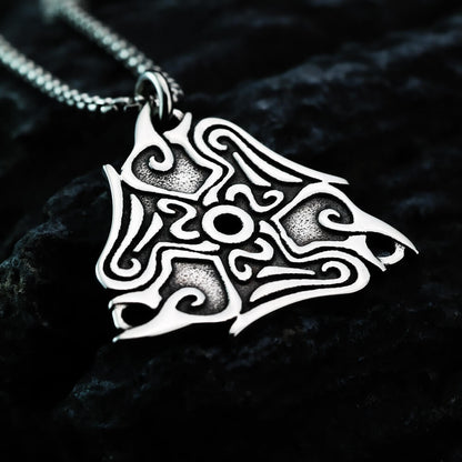 Vintage Antique Oxidized Stainless Steel Men's Norse Viking Swirl Pattern Triangle Hollow Totem Pendant Necklace