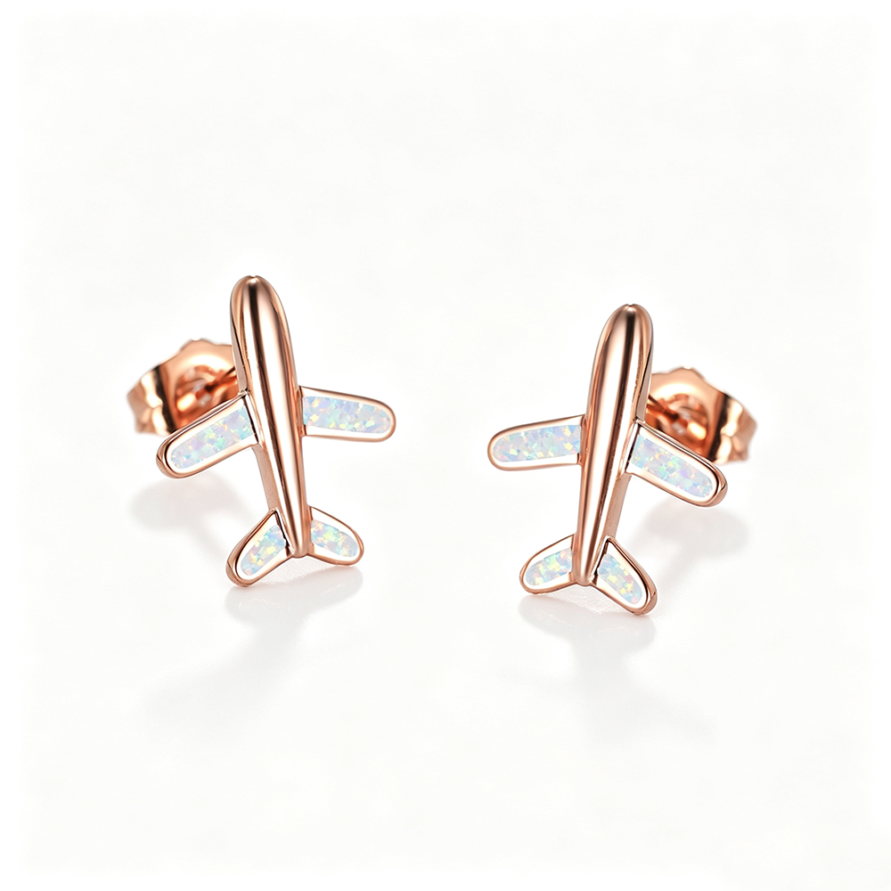 Women's Airplane‑Shape Stud Earrings, White Opal / Blue Opal