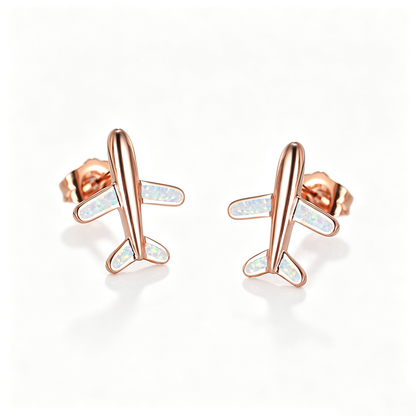 Women's Airplane‑Shape Stud Earrings, White Opal / Blue Opal