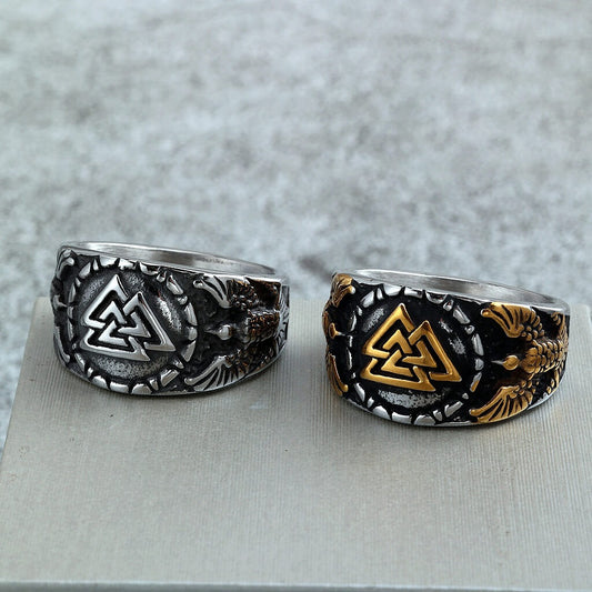 Vintage Solid Stainless Steel Norse Viking Valknut Raven Wide Signet Ring for Men