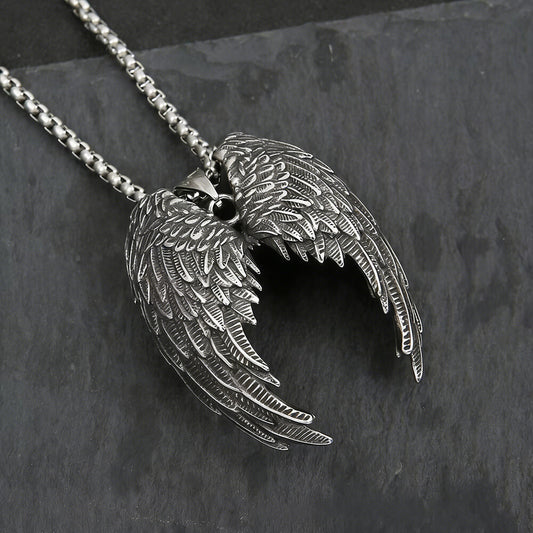 Vintage Stainless Steel Angel Wings Pendant Necklace for Men