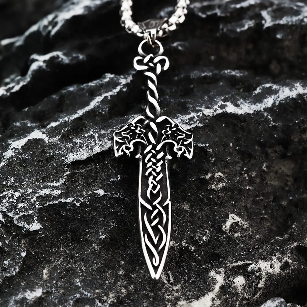 Vintage Antique Oxidized Stainless Steel Men's Viking Celtic Knot Sword Hollow Pendant Necklace
