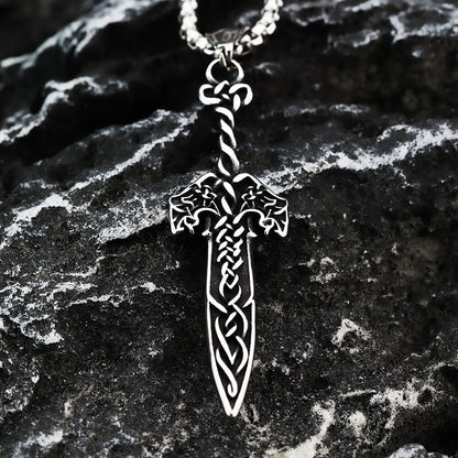 Vintage Antique Oxidized Stainless Steel Men's Viking Celtic Knot Sword Hollow Pendant Necklace
