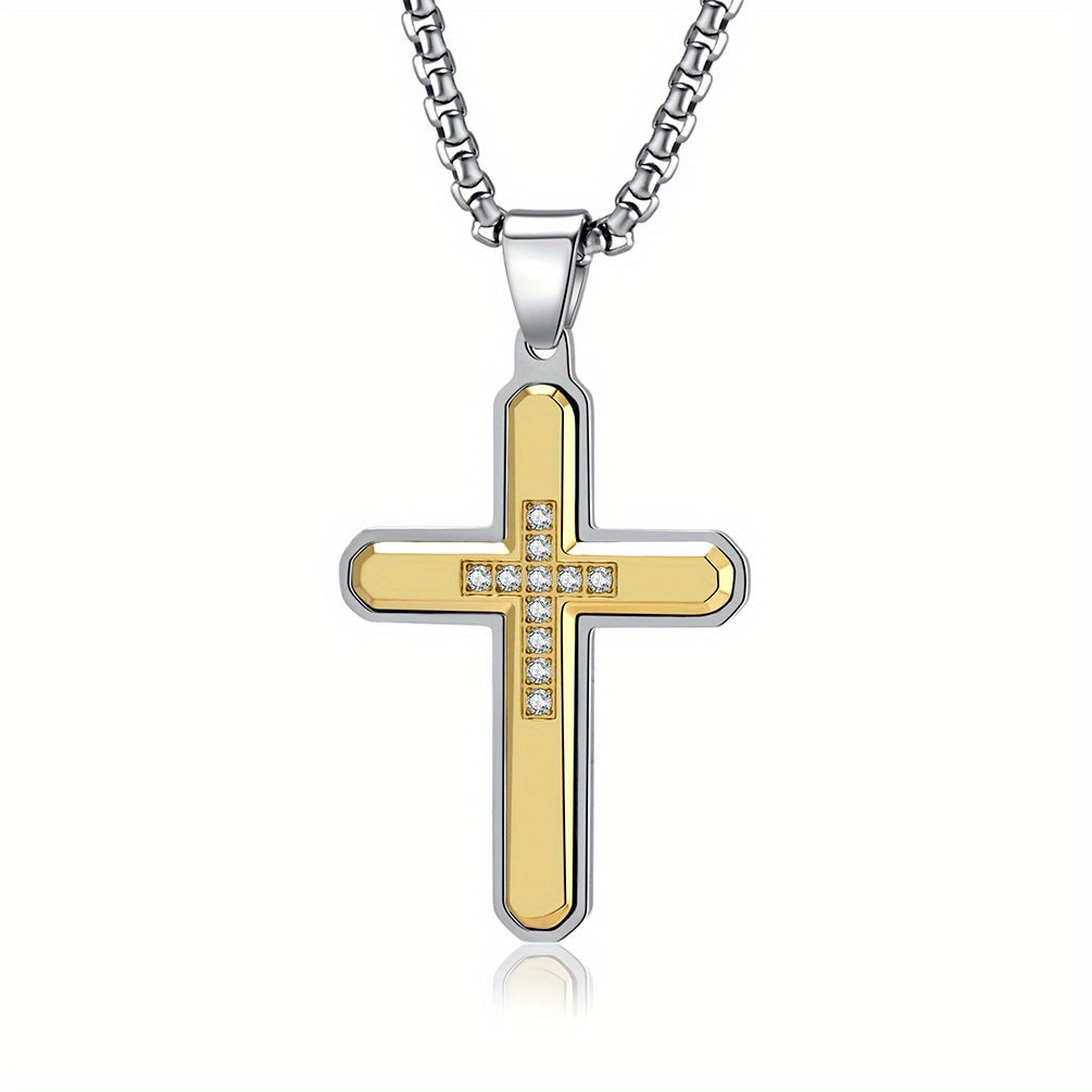 Men's Hexagonal Faceted Gem-Set Two-Tone Cross Pendant Necklace