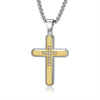 Men's Hexagonal Faceted Gem-Set Two-Tone Cross Pendant Necklace