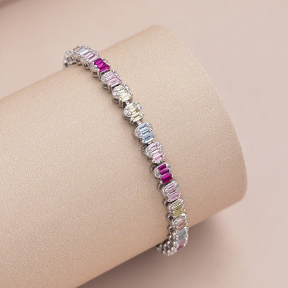 Women's Delicate Tennis Bracelet, Multicolor Baguette Zirconia Full Paved Inlay, S925 with White Gold Plating