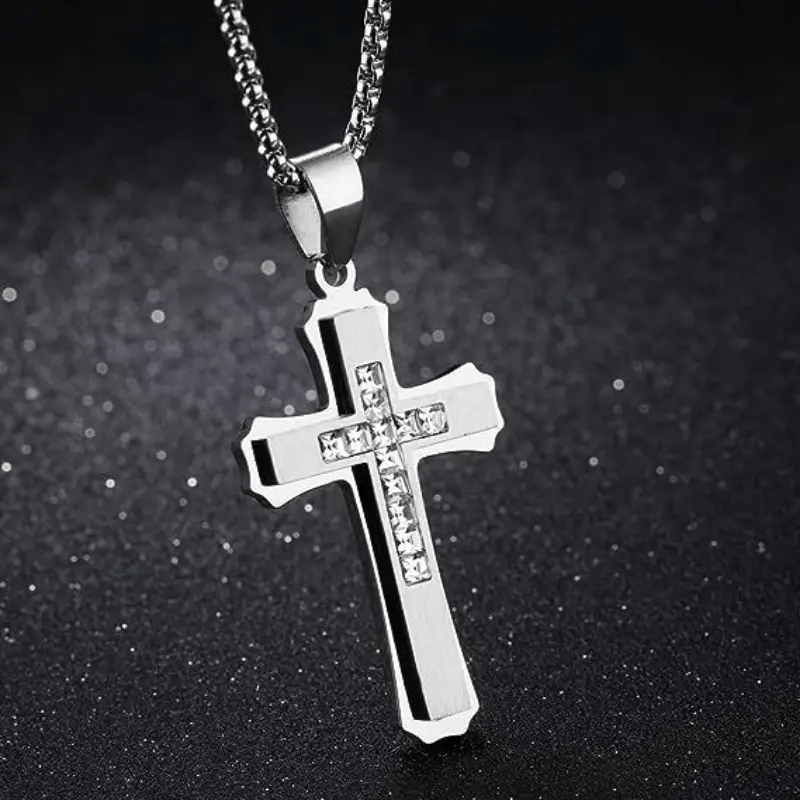 Men's Punk Double-Layer Three-Dimensional Cross Pendant Necklace