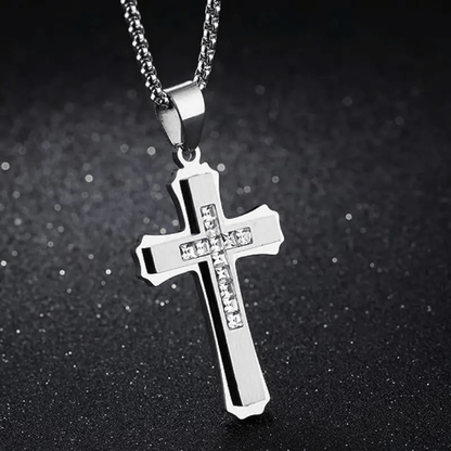 Men's Punk Double-Layer Three-Dimensional Cross Pendant Necklace