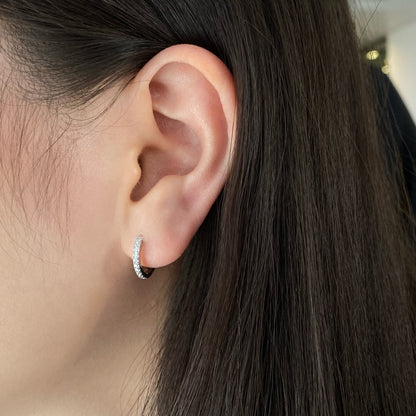 Women's Huggie Hoop Earrings, Half‑Pavé Round Zirconia, S925 with White Gold Plating