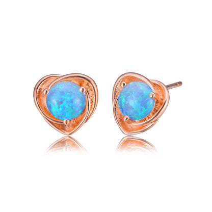 Women's Twisted Heart Shape Blue & White Opal Stud Earrings, White Gold Plating & Rose Gold Plating